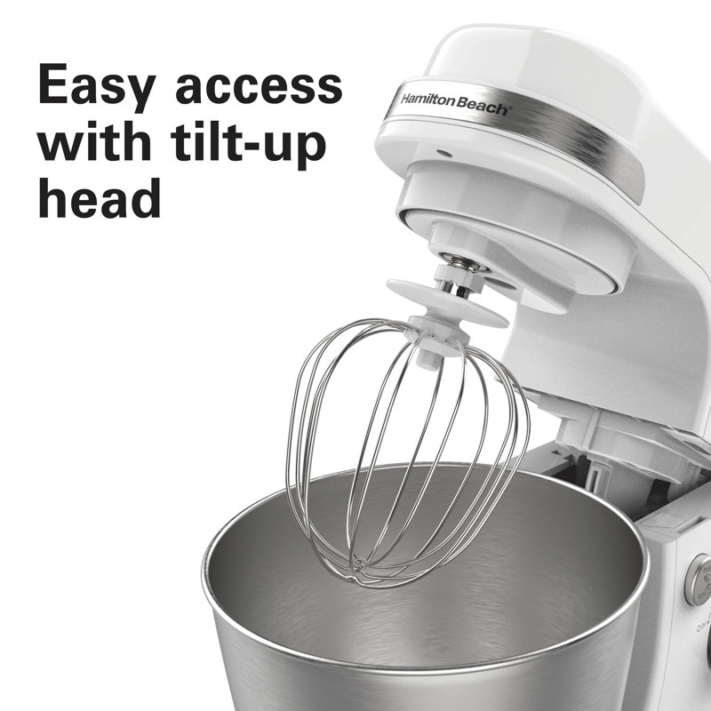 Hamilton Beach® 7-Speed 4-Quart Electric Stand Mixer with Splash Guard, Dough Hook, Flat Beater, and Whisk Attachments, White