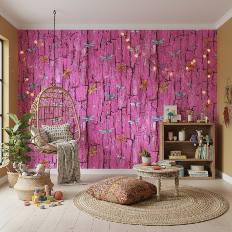 Papier peint abstrait libellules roses