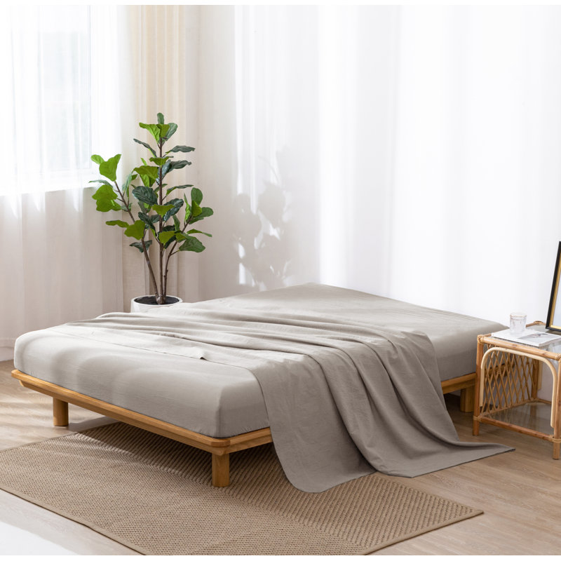 Linen Like Textured Flat Sheet 100% Washed Cotton Breathable Durable Soft Comfy, Tannish Grey, Queen Flat Sheet