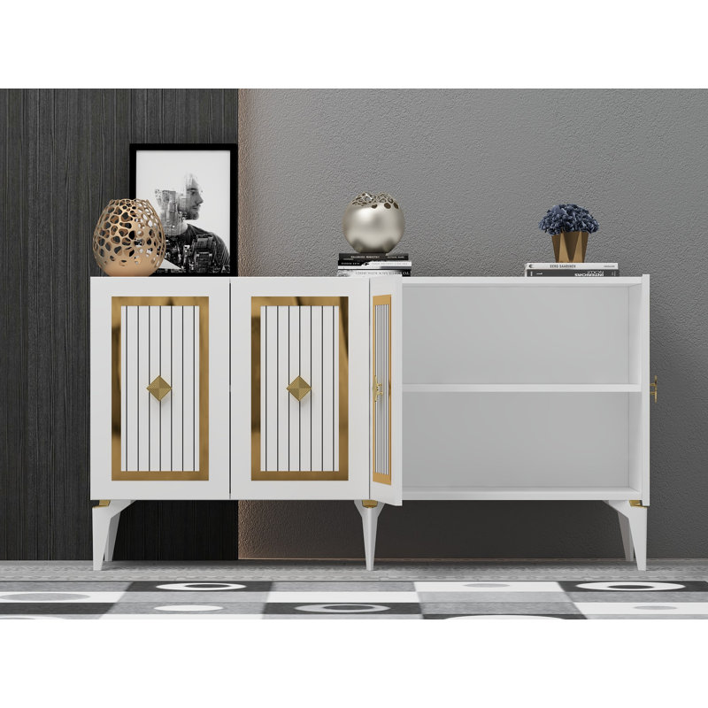 Console moderne, blanc et or, panneau de particules recouvert de mélamine à 100%, épaisseur: 0,7 pouce | Design glamour à rayures, parfait pour les vestibules et les salons, élégant et fonctionnel
