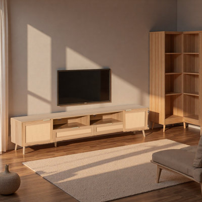 Meuble télé en rotin, console multimédia de style campagne moderne, centre de divertissement avec pieds en bois massif, meuble télé pour le salon