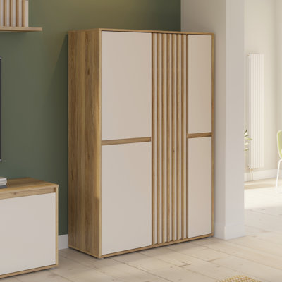Scandi Style Wardrobe with 5 Doors, Slatted Details, Bedroom, Youth Room, Engineered Wood, Warm Oak Decor/Beige, 109.3 cm W x 161.7 cm H x 41.5 cm D