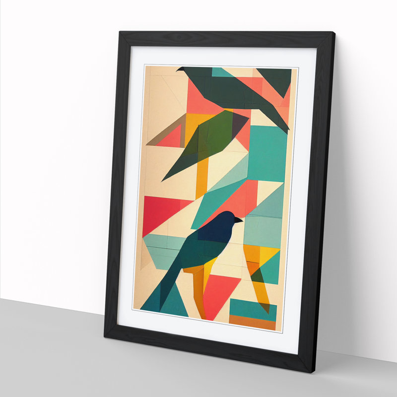 FRM-V0523-250X Bird Patchwork - Single Picture Frame Print, Black Framed, 64cm H x 46cm W x 2cm D