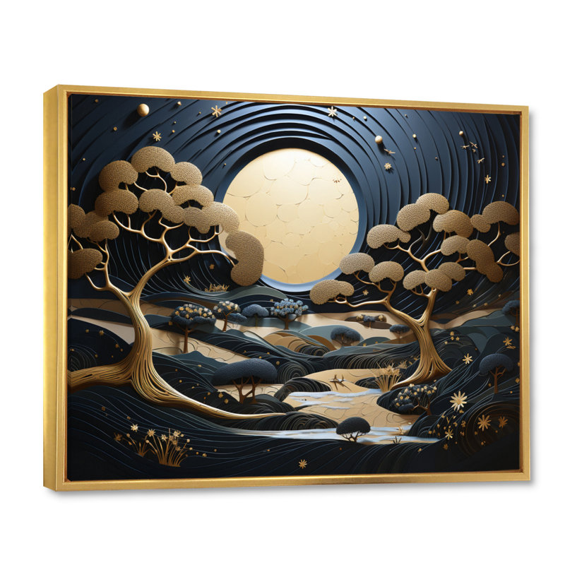 «Blue and Gold Modern African Landscape II», reproduction sur toile, H 30 po x l 40 po x P 1,5 po, Cadre flottant doré