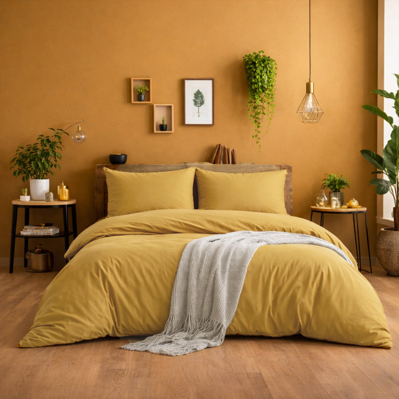 Ultra-Soft Microfiber Plain Duvet Cover Set with Matching Pillowcases - Everyday Bedding, Mustard/Ocher