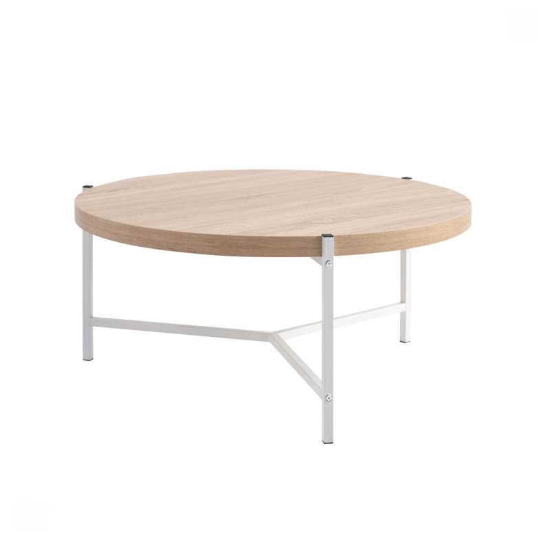 Karelle Round Coffee Table with Metal Legs, Oak Wood, White