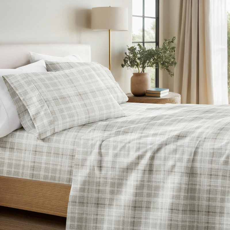 Ensemble de draps en microfibre ultra douce, Ensemble de draps pour grand lit avec 2 taies d'or, Motifs géométriques gris
