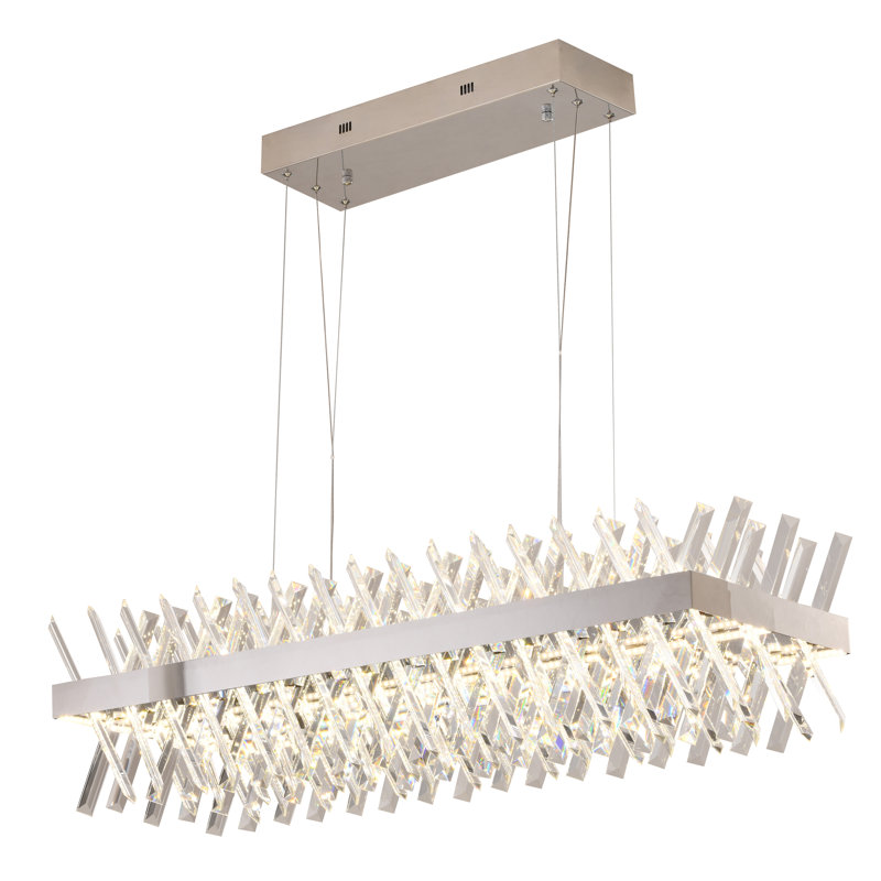 Lustre rectangulaire moderne en cristal à DEL, Chrome, H 10 po x l 34 po x P 14 po