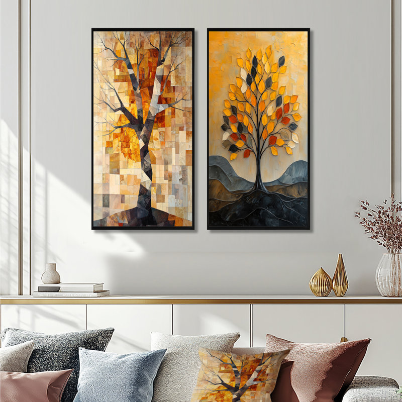 Ensemble de 2 pièces d'art mural jaune Bassist Tree I - Tree, H 32 po x l 32 po, Cadre flottant noir