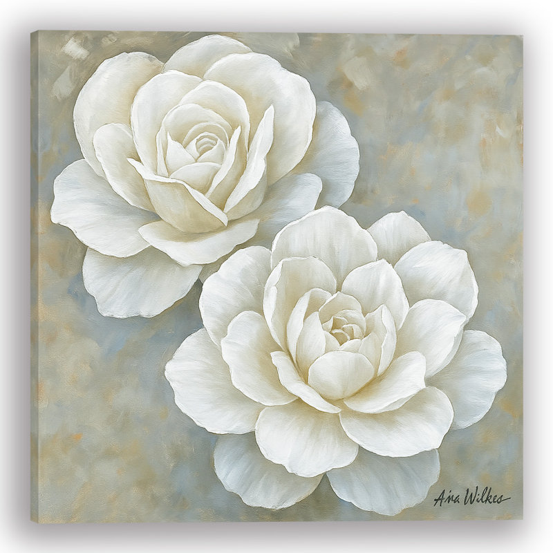«Graceful Duet» - Art mural sur toile à motif floral rose blanche, H 30 po x l 30 po