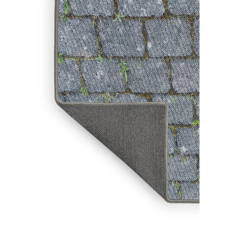 Tapis bleu géométrique en laine et polyester tissé à la machine, Rectangle 5 pi x 7 pi