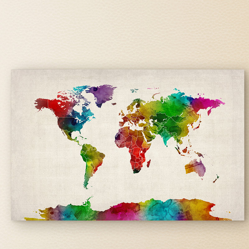 « world map ii », reproduction de peinture à l’aquarelle sur toile, H 16 po x l 24 po x P 2 po, Toile tendue