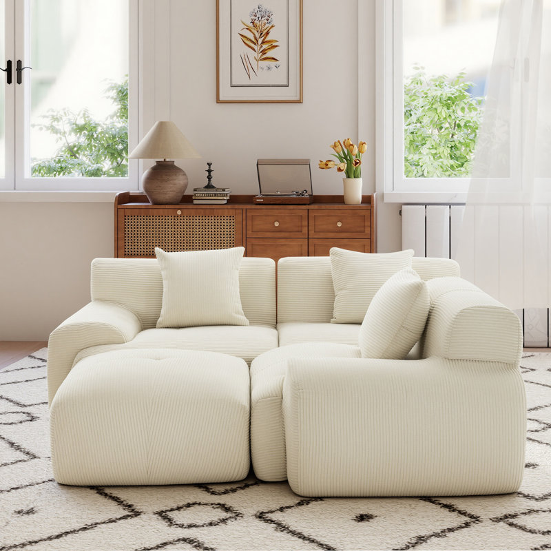 Boneless L-Shape 107" Modern Compression Corduroy Convertible Sleeper Sectional Sofa with Ottoman, Beige