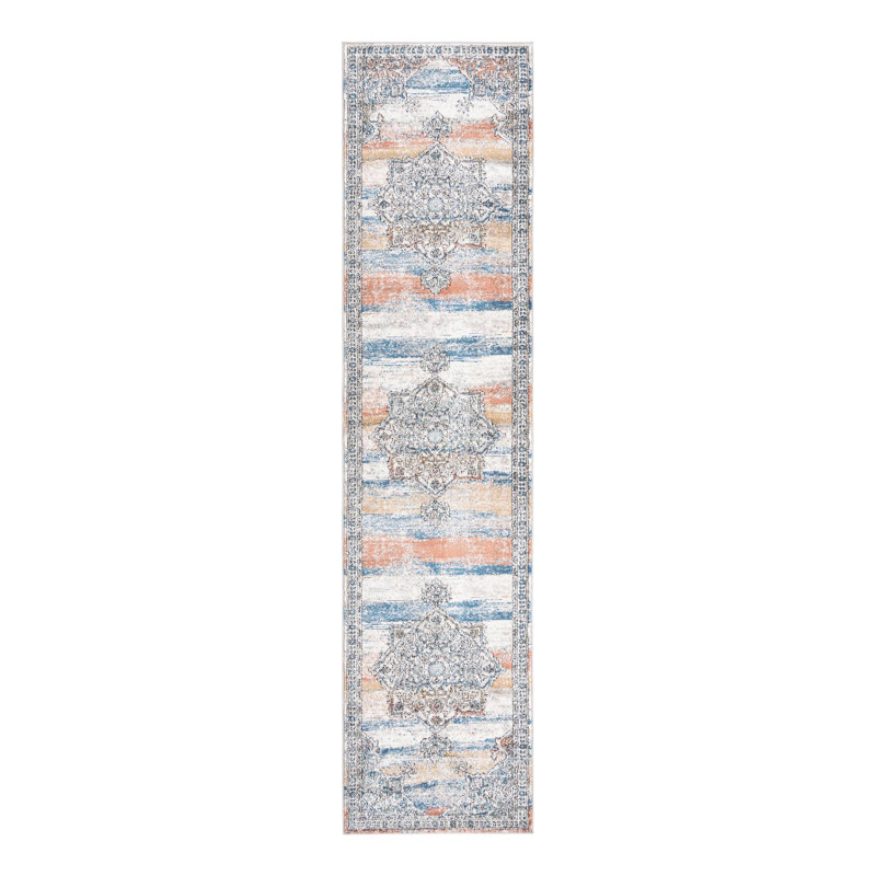Tapis bleu / blanc / orange à motif abstrait Weingartner, Tapis de couloir 2 pi 7 po x 12 pi