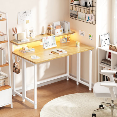 32/40"W Folding Computer Desk with Monitor Stand and RGB LED Lights, Small Desk for Home Office Desk, Sturdy Industrial Folding Desk with Storage Hooks & Adjustable Feet