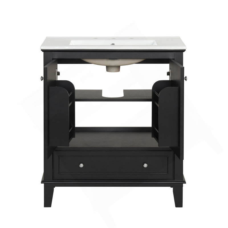 Ensemble de meuble-lavabo 30 po avec lavabo, armoire multifonctionnelle avec portes et tiroir, panneau de bois et panneau de fibres à densité moyenne, noir