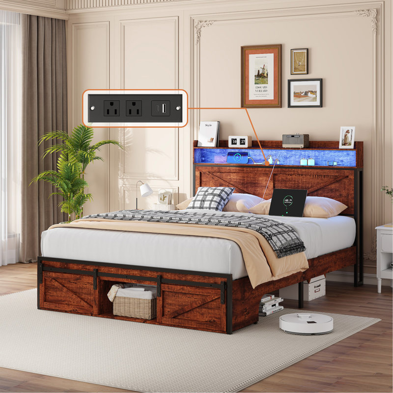 Structure de lit double avec tête de lit avec rangement et lumières à DEL, lit plateforme tapissier avec tiroirs de pied de lit, lattes métalliques robustes, support de matelas silencieux, aucun sommier tapissier requis, brun