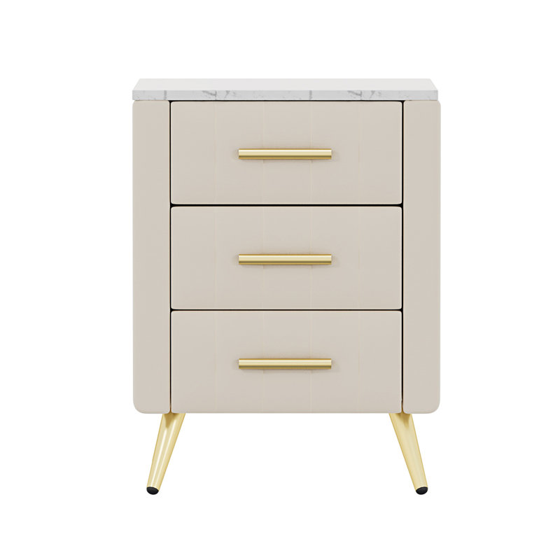 Velvet Upholstered 3 Drawers Wooden Nightstand, Marbling Stickers Worktop, Metal Legs&Handles, Beige