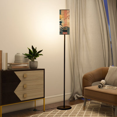  68.5" Standing Floor Lamp Japanese Cherry Blossoms Golden Sun Traditional Art Style Dimmable Metal Pole Lamp with Linen Lampshade LED Bulb Included