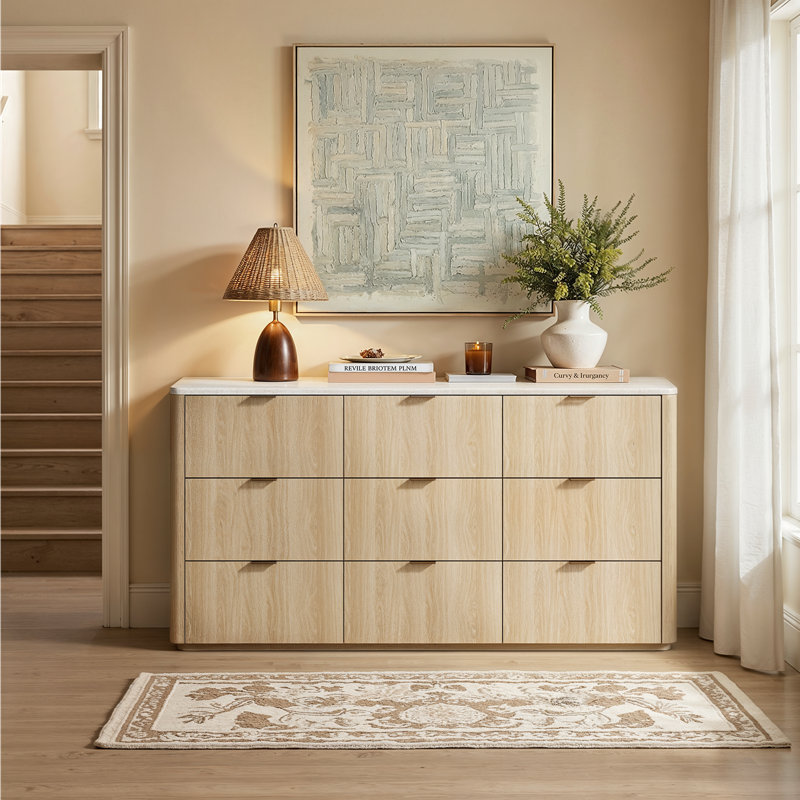 Commode en bois de travertin moderne de 63 po avec 9 tiroirs avec rangement Corentin, Beige / chêne naturel