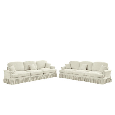 Ensemble de canapé de salon modulaire classique 2 pièces avec accoudoirs évasés et volants amovibles, jupes plissées et pieds fuselés, canapé 3 places + ensemble de canapé causeuse 3 places pour le salon, blanc beige