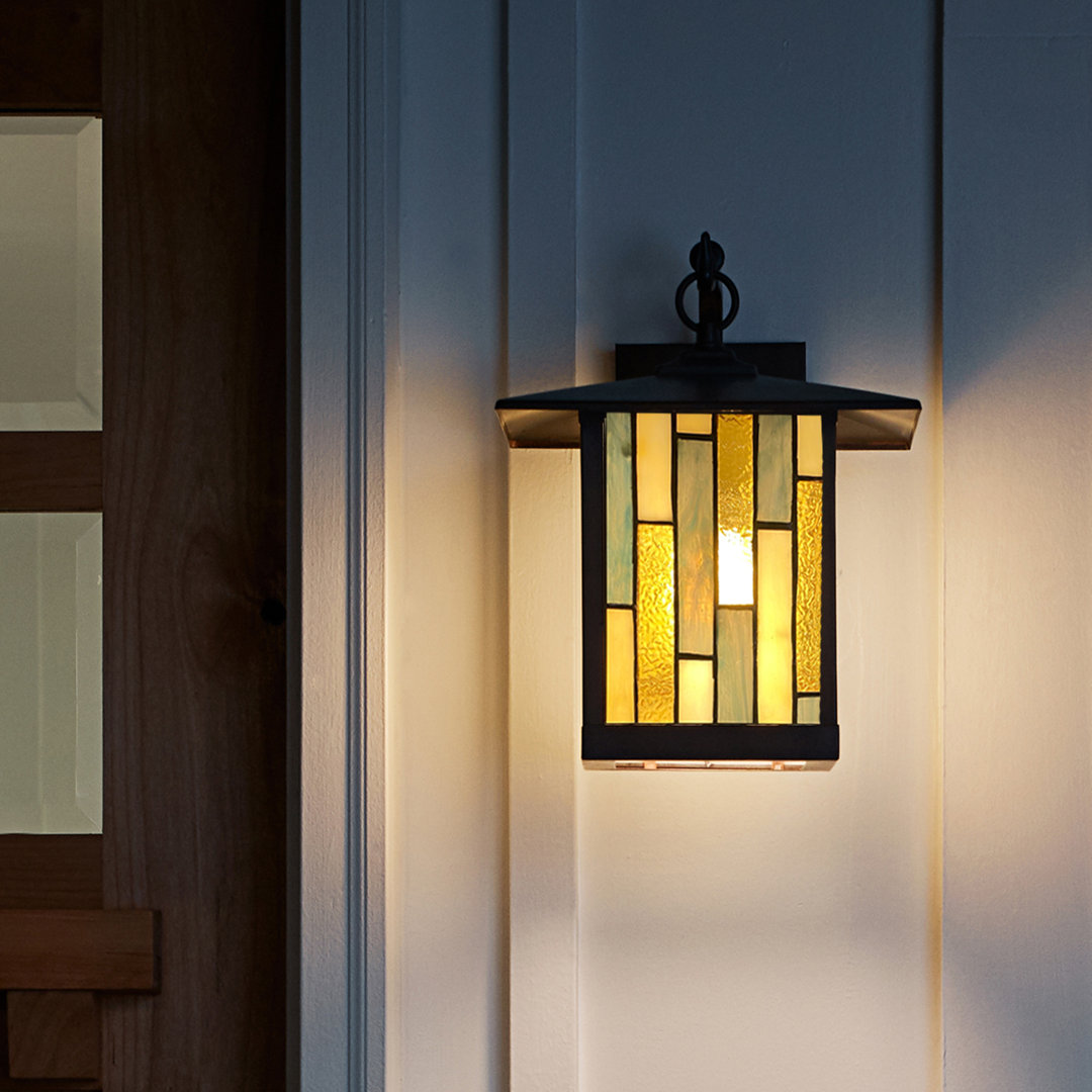 11.75"H Ismaeel Amber Stained Glass and Oil Rubbed Bronze Outdoor Lantern Wall Sconce Wildon Home®