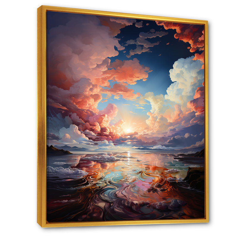 Nuage coucher de soleil encre liquide paysage V - décoration murale nuages, H 32 po x l 16 po x P 1 po, Cadre flottant doré
