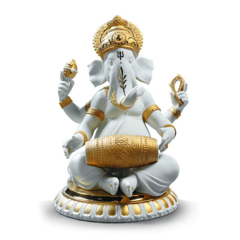 Mridangam Ganesha Figurine, White/Gold