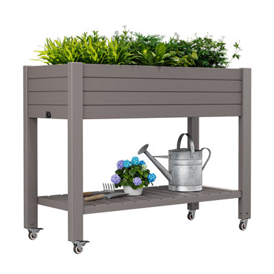 Raised Garden Bed - Outdoor Elevated Planter With Weatherproof Resin, Shelf & 4 Swivel Wheels