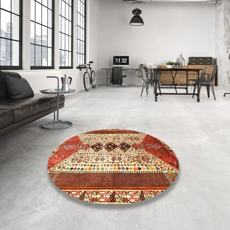 Tapis traditionnel rouge / jaune Hendy, Rond 3 pi