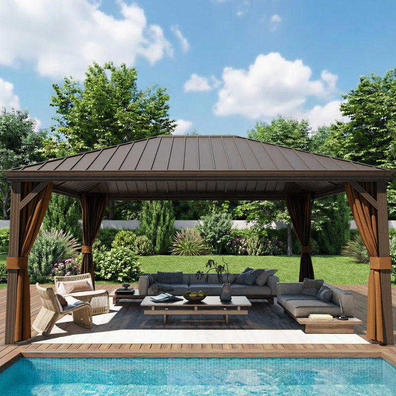 16 pi L 12 pi. D Pavillon de jardin en aluminium avec toit simple, rideaux et moustiquaire, Bronze Antique