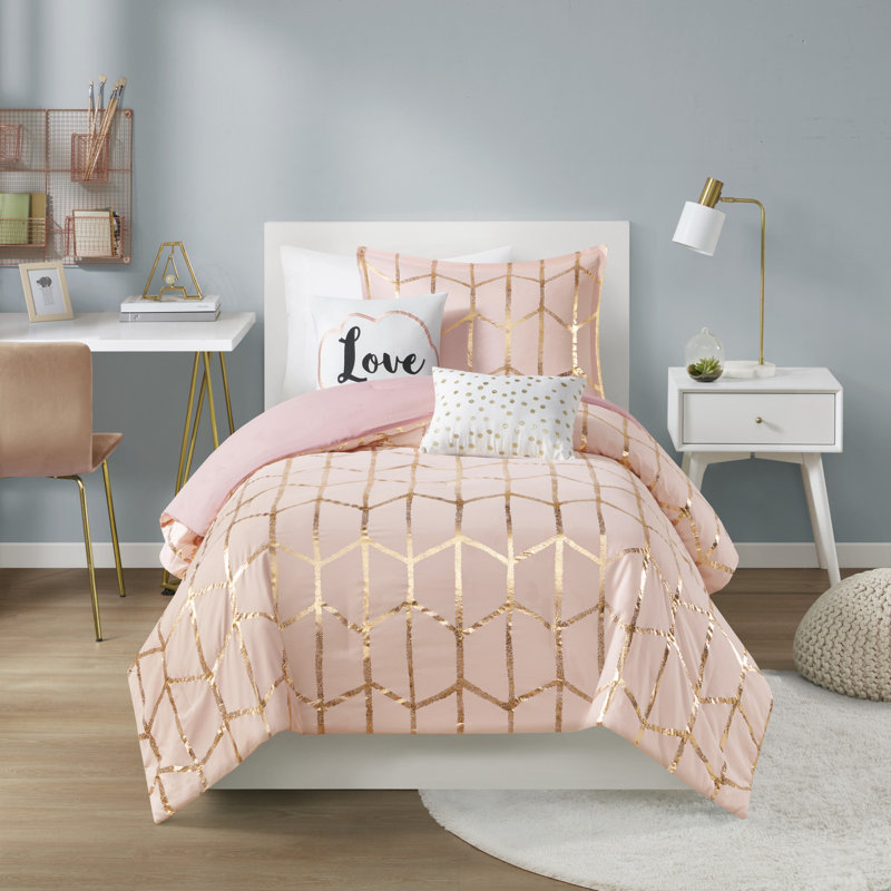 Blush and Gold Twin XL Microfiber Geometric Comforter Set