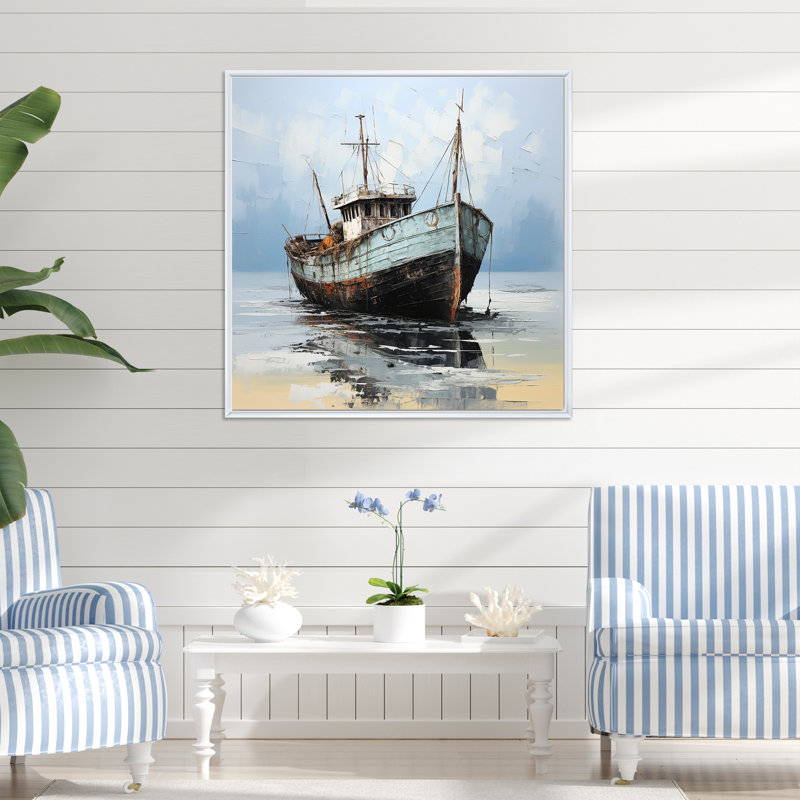 Bateau de pêche bleu et blanc sur toile, H 16 po x l 16 po x P 1 po, Cadre flottant blanc