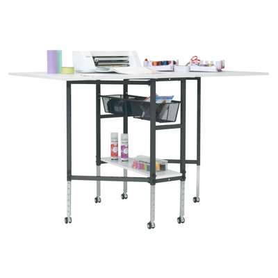 Cutting Table with Sewing Board Grid & Guides Top Mobile, Folding, Height Adjustable with Storage, Charcoal / White