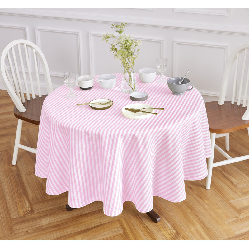 Amalfi Stripe - 100% Pure Linen Round Tablecloth, 70" Round, Cherry Blossom/White