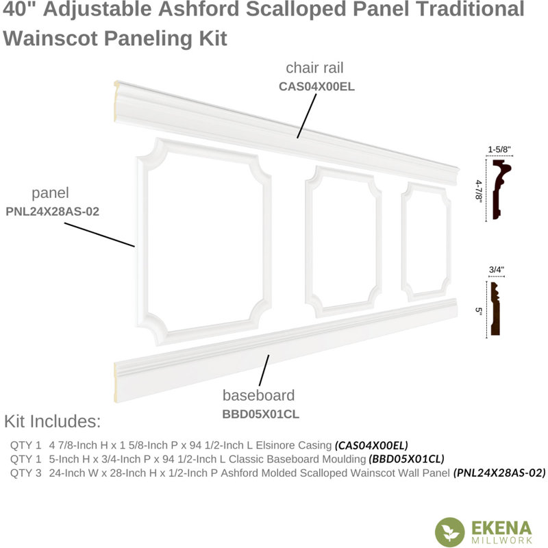 Adjustable White Polyurethane Scalloped Wainscot Paneling Kit