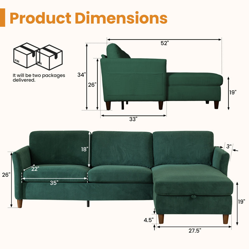 Canapé modulaire en L 88,5 po Corduroy Comfy , Velours côtelé vert