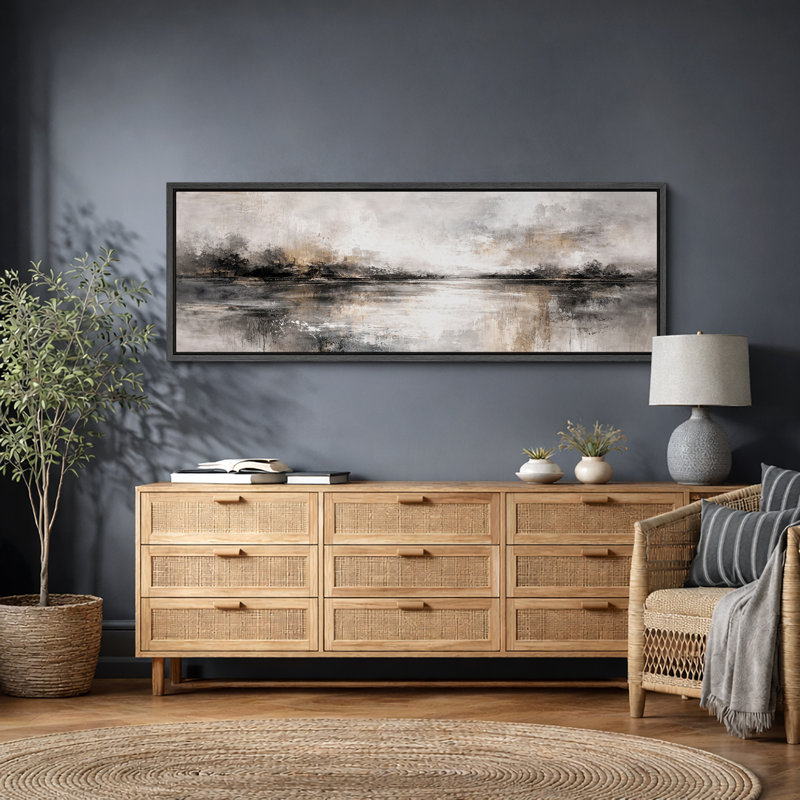 «Abstract Neutral Grey Misty Reflection», œuvre d'art moderne sur toile encadrée, impression sur toile, Cadre noir
