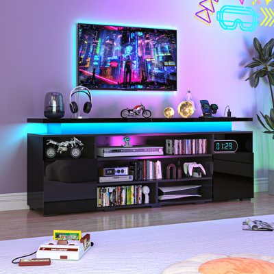 LED TV Stand For Tvs Up To , High Gloss Entertainment Centre Media Console With Power Outlet, Open Shelves & 2 Storage Cabinets For Living Room