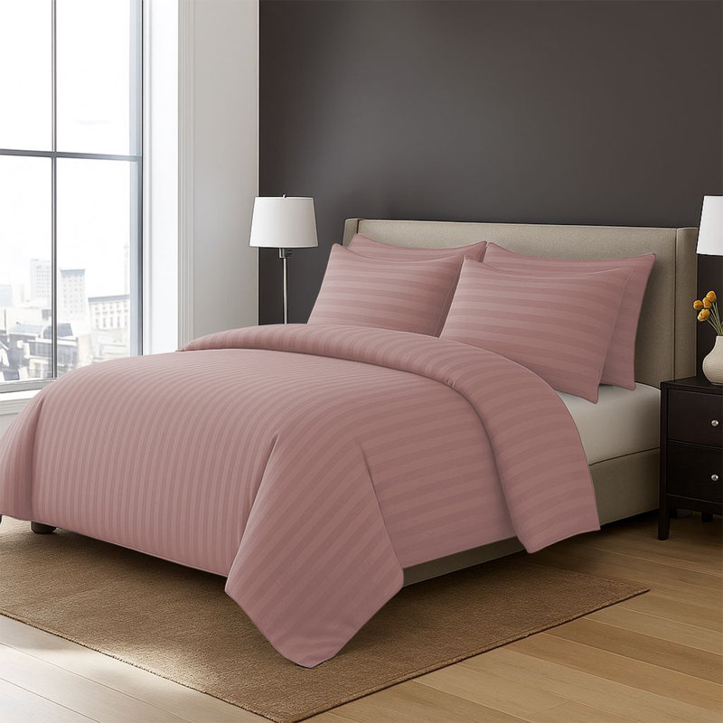 4-Piece Striped High Quality Duvet Cover Set with Fitted Sheet & 2 Pillowcases , Peach