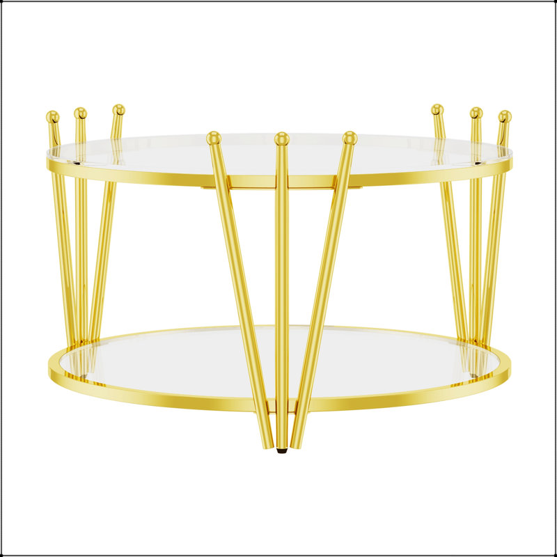 Table basse de luxe moderne en or 31,5 po, couronne en acier inoxydable, centre de table en verre trempé transparent de 8 mm