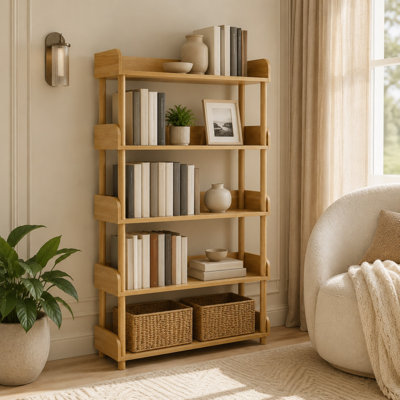 Bibliothèque en bois à 5 niveaux avec étagères ouvertes et pieds en bois massif