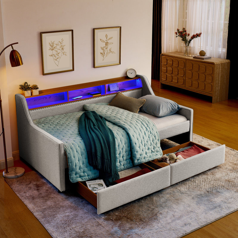 Twin Size Upholstered Sofa Bed with Adjustable Headboard, 3 LED Lights, Wireless Charging, 2 Storage Drawers, Linen Padded Frame in Grey
