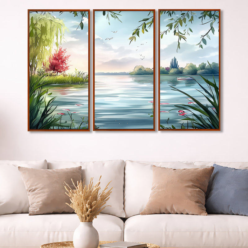 «Green Summer Breeze Lake Simplicity - Forest», ensemble d'art mural sur toile encadré, H 32 po x l 48 po