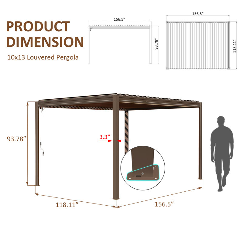 13 Ft. W x 10 Ft. D Aluminum Pergola with Canopy, Brown