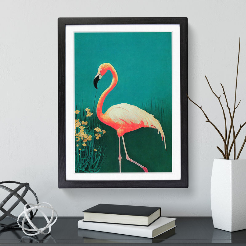 Walking Flamingo - Wall Art, Black Framed, 36cm H x 27cm W, White