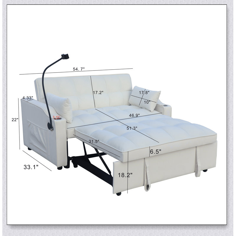 Canapé-lit futon moderne en velours avec canapé-lit, petit canapé-lit avec dossier inclinable réglable, coussins décoratifs, poches et canapé-lit convertible 3-en-1