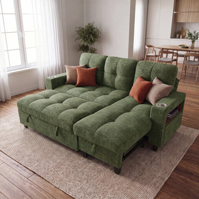 Canapé-lit modulaire en chenille 83 po avec méridienne réversible 83 po, accoudoir de rangement et ports de charge, vert