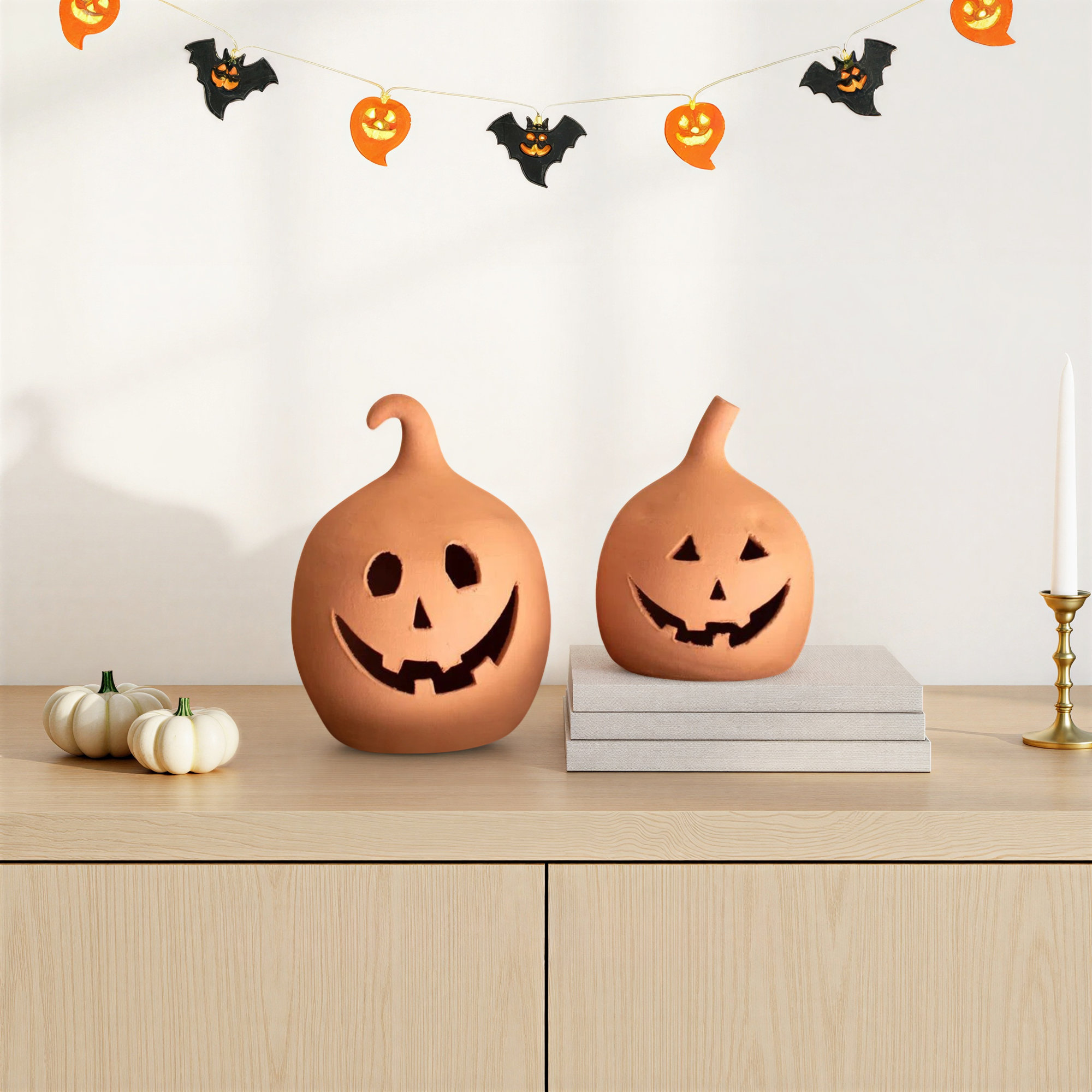 SET OF TWO  TERRACOTTA CLAY JACK-O-LANTERNS