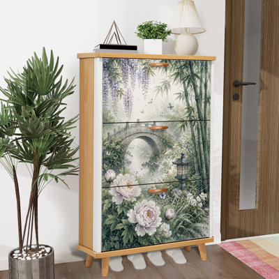 Shoe Storage Cabinet with 3 Flip Drawers for Serene Japanese Garden Stone Bridge Blooming Flowers Shoe Rack Storage Organizer